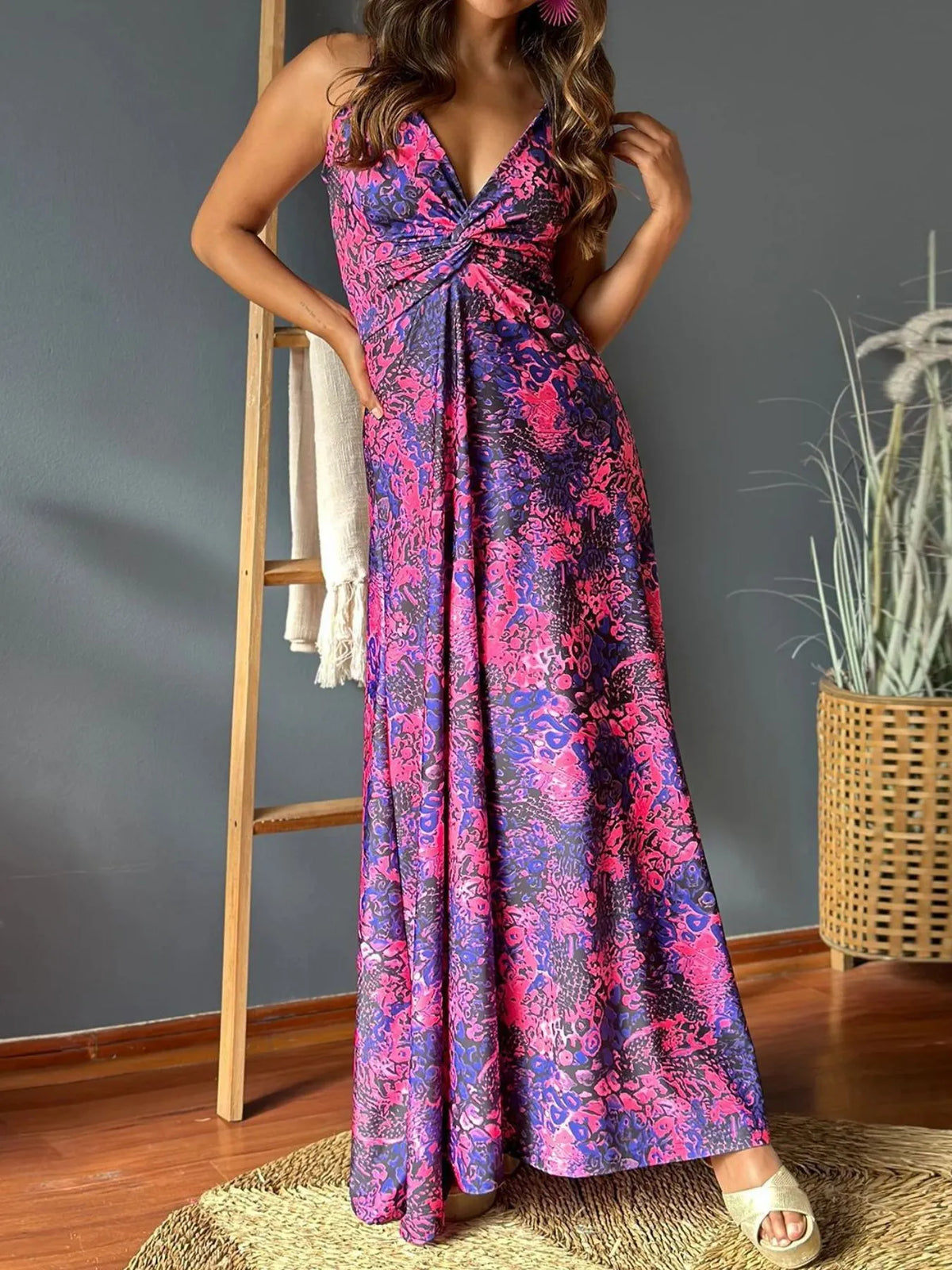 Twisted V-Neck Tropical Maxi Dress
