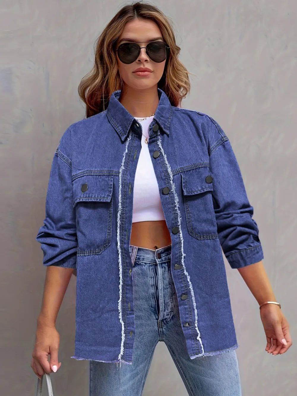 Collared Long Sleeve Denim Shirt with Chest Pocket by X@Y@K