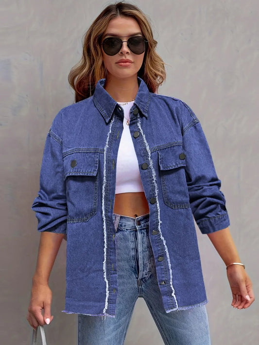 Collared Long Sleeve Denim Shirt with Chest Pocket by X@Y@K