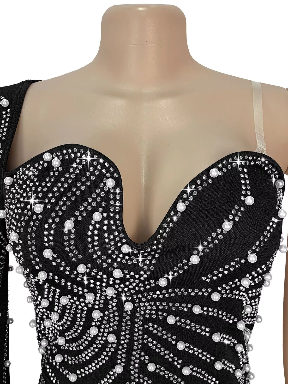 Rhinestone Pearl One-Shoulder Mermaid Dress in Black