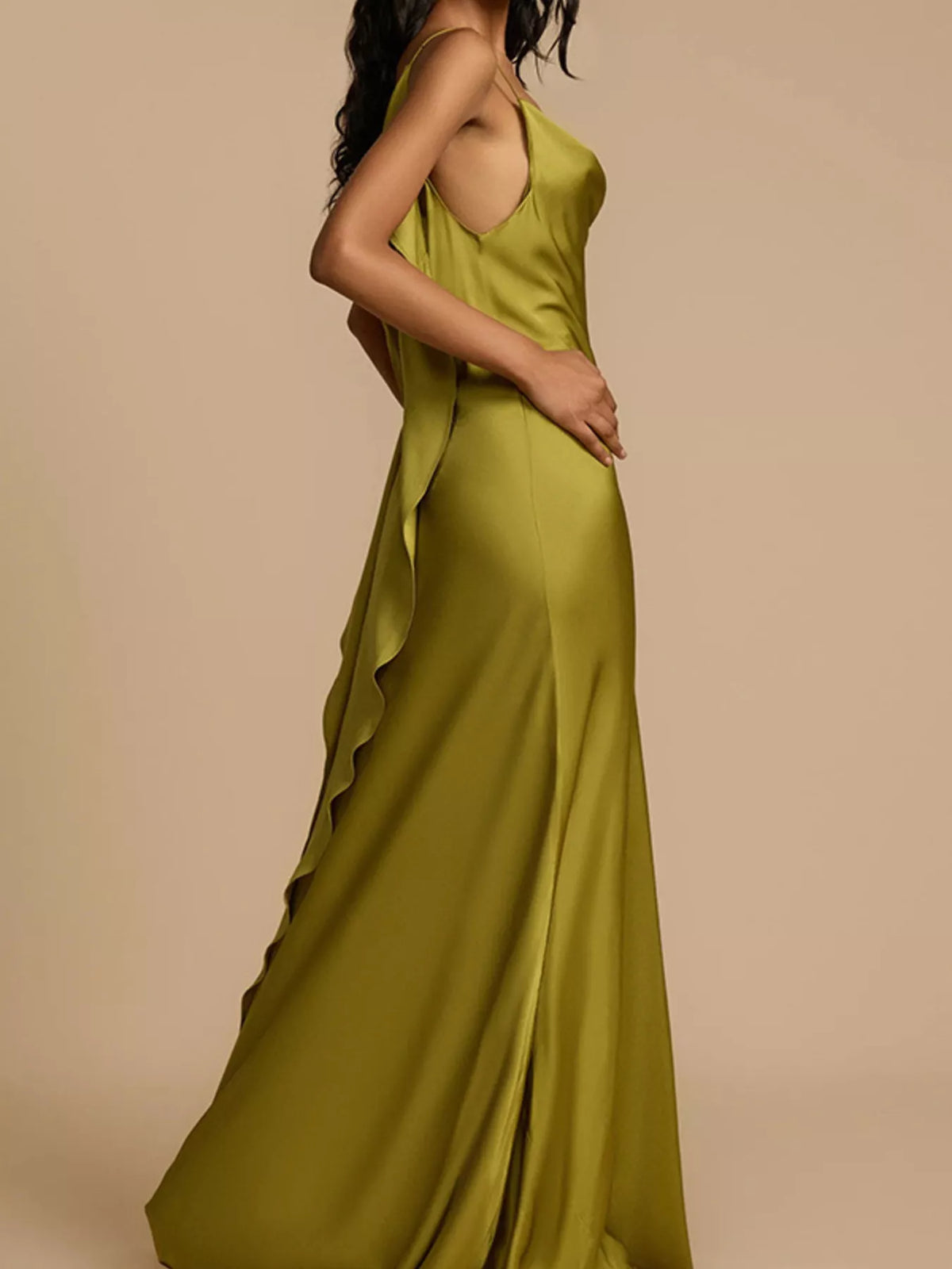 Satin Cowl Neck Slit Maxi Dress in Matcha in Matcha Color
