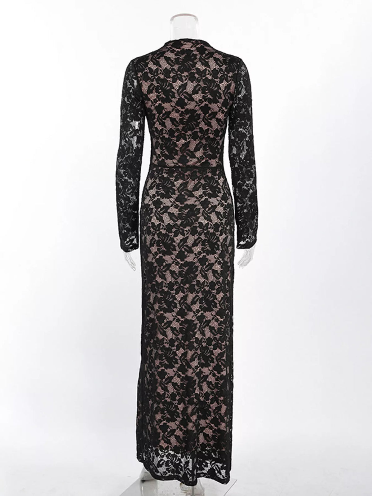 Lace Long-Sleeve Bodycon Maxi Dress in Black
