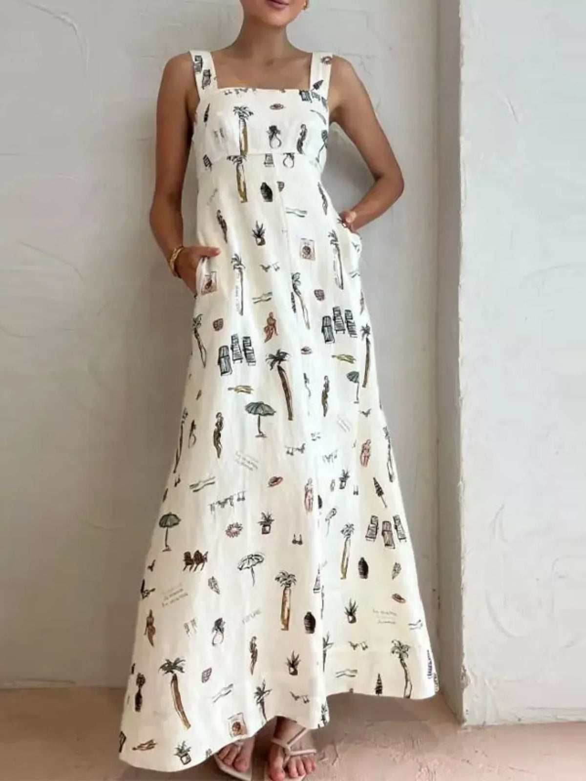 Printed Sleeveless Maxi Dress in White