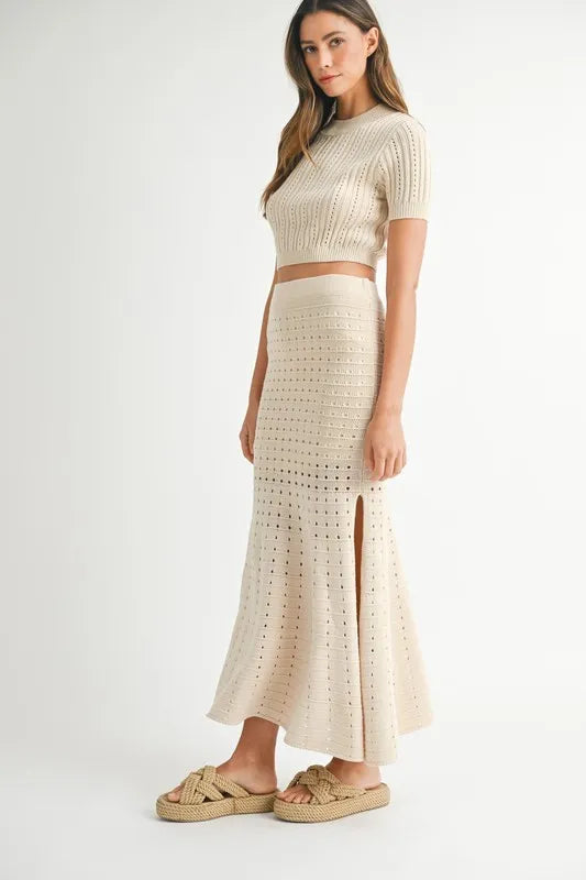 Pointelle Crop Top and Slit Skirt Set in Cream