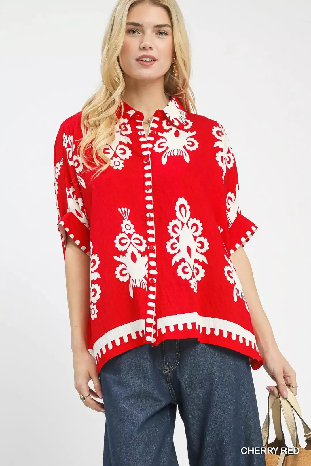 Umgee Abstract Print Button-Down Shirt in Cherry Red