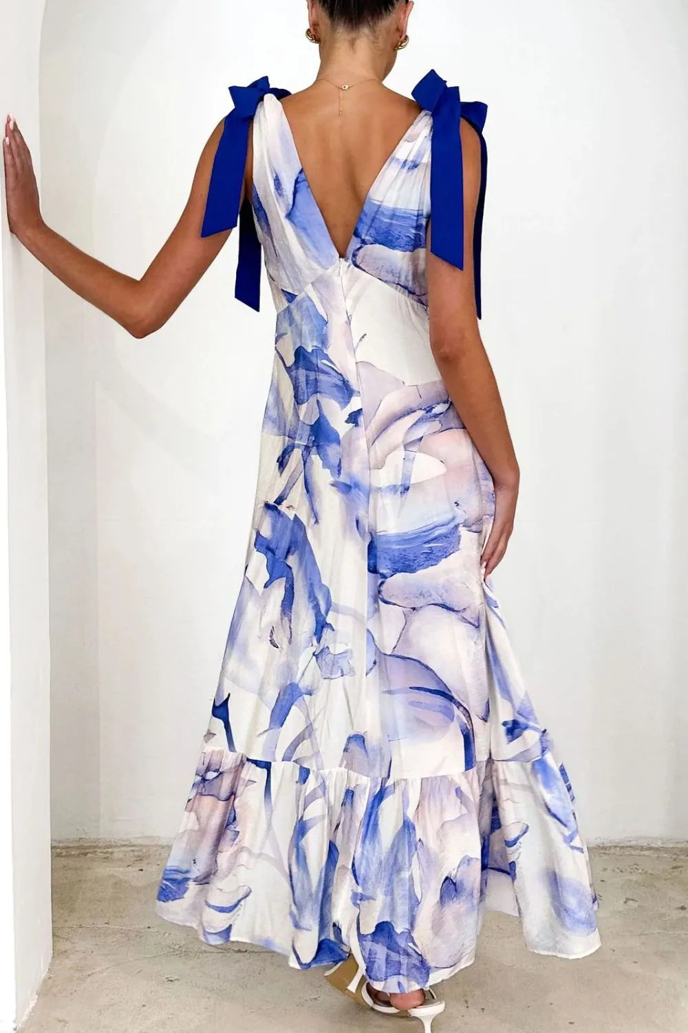 Printed Tie-Shoulder Ruched V-Neck Midi Dress