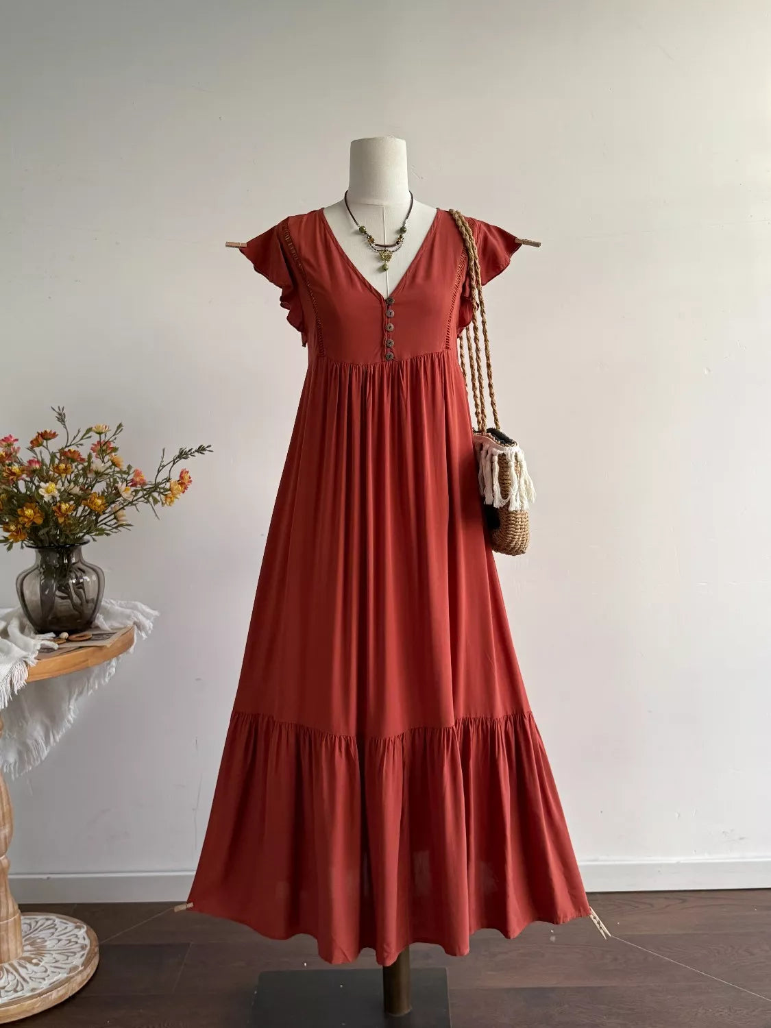 Ruffle Sleeve Maxi Dress in Rust