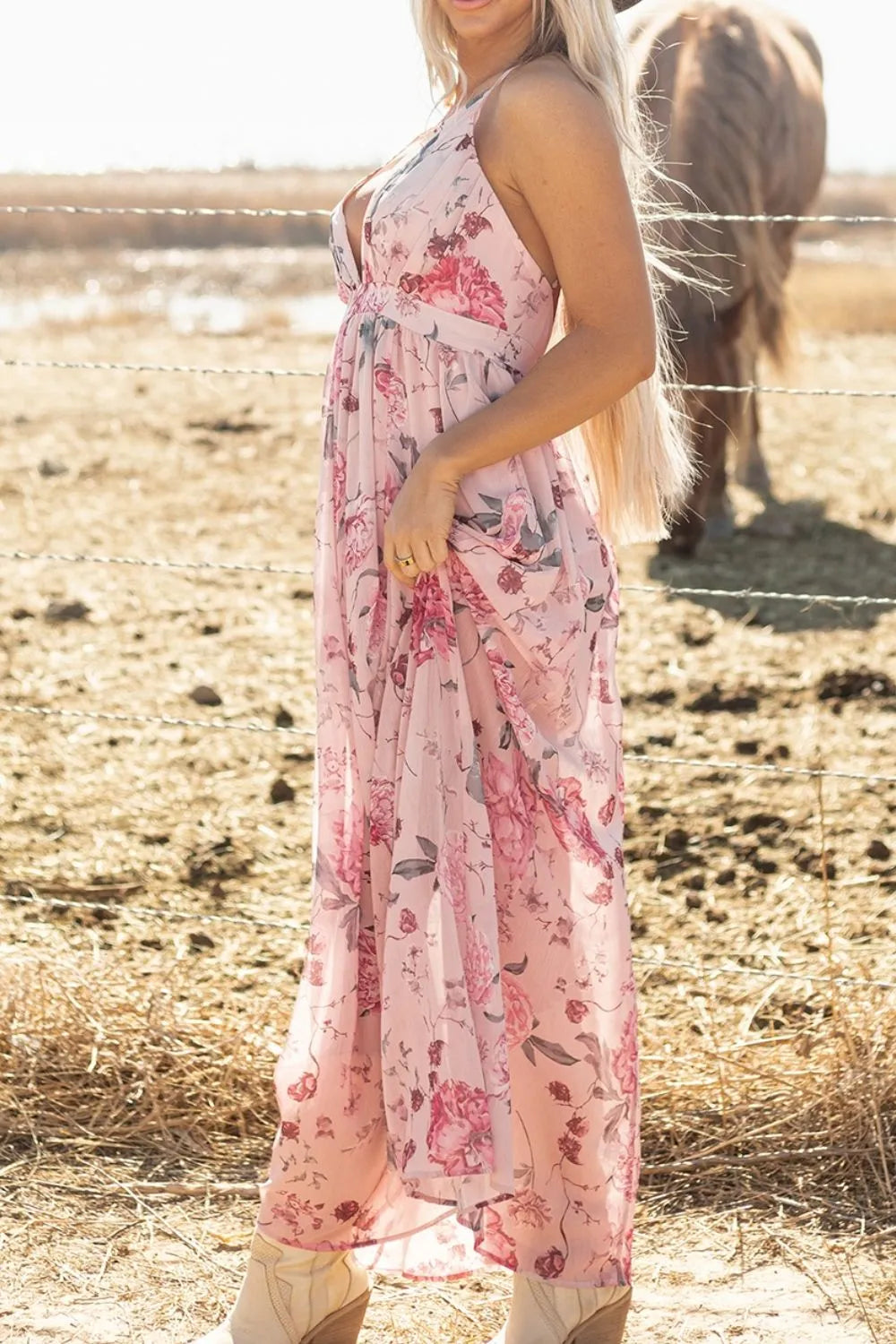 Floral Pleated Deep V Backless Maxi Dress in Blush Pink