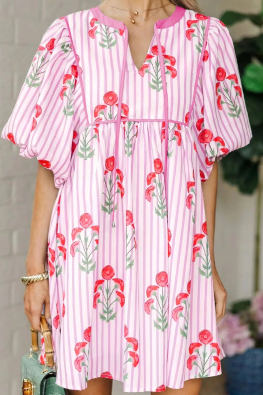 Striped Floral Print Mini Dress in Blush Pink