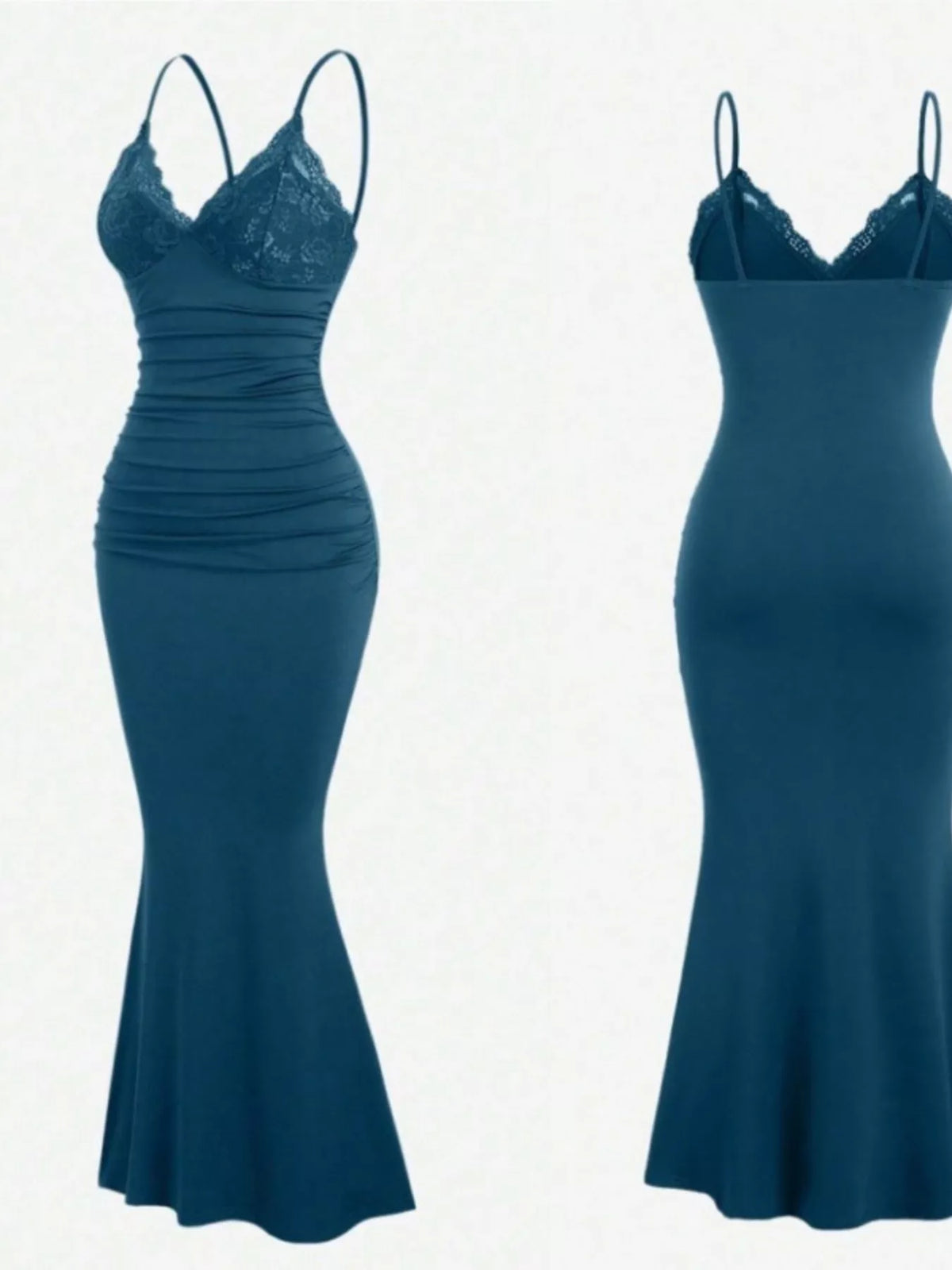 Lace Trim Ruched Mermaid Dress by Elegant Elements