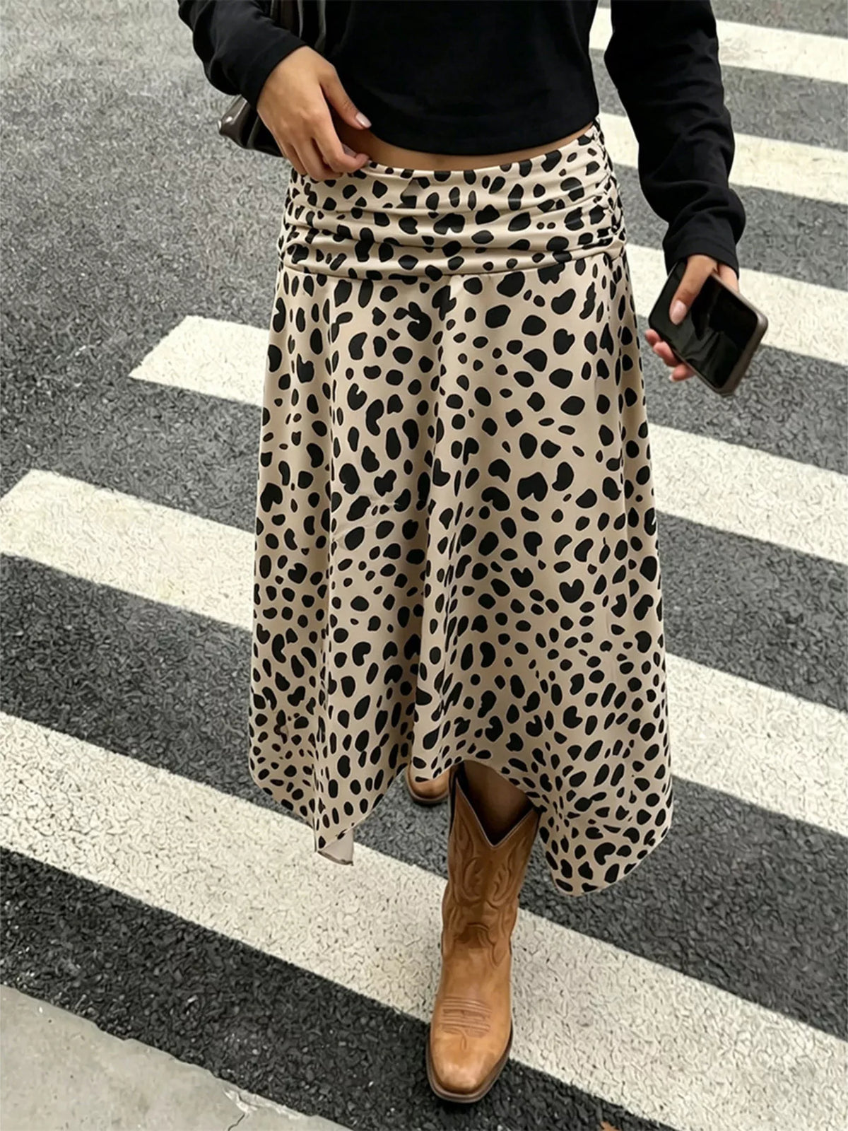 Leopard Print Asymmetrical Hem Midi Skirt in Khaki