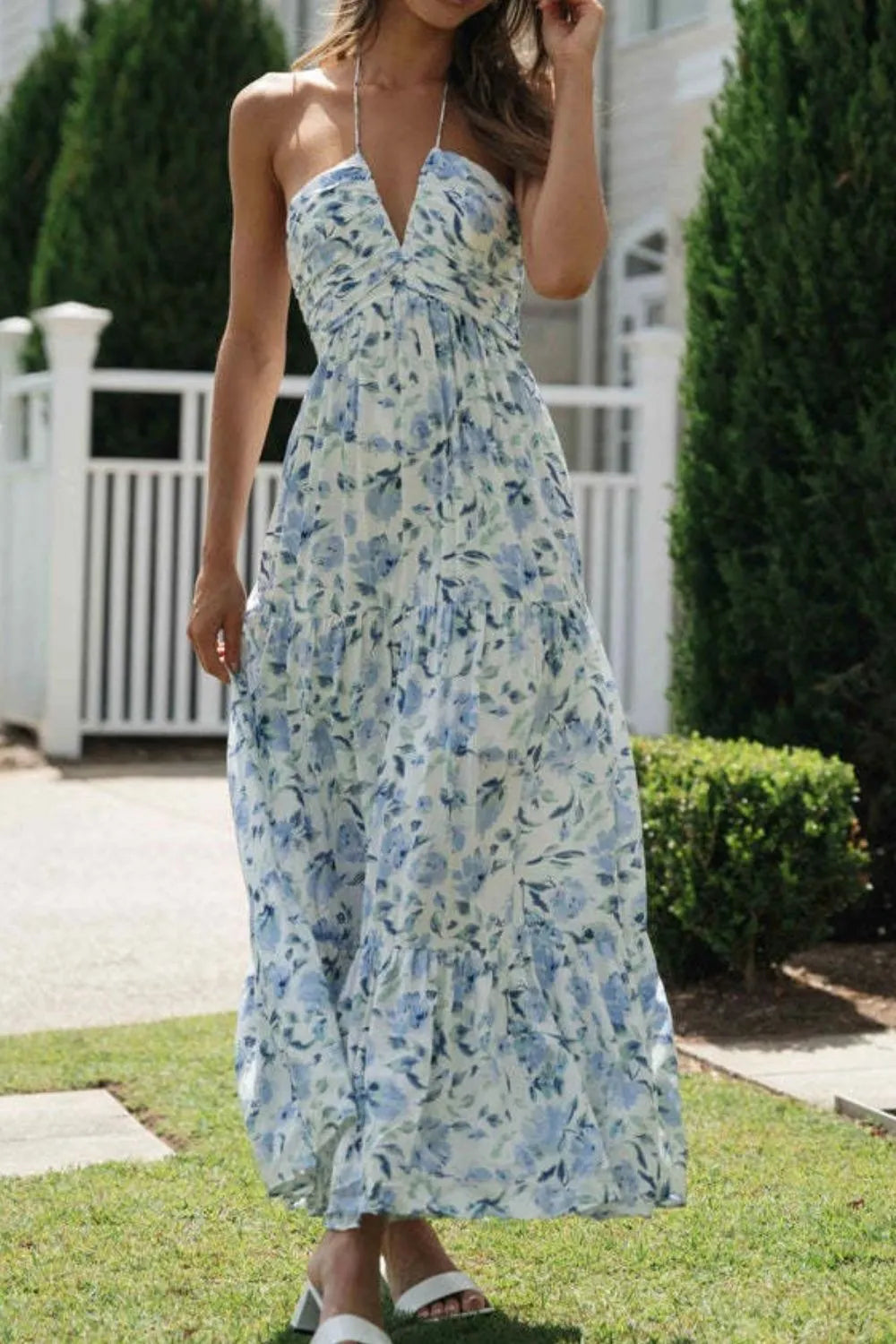 Floral Halter Tiered Maxi Dress in Watermelon Pink