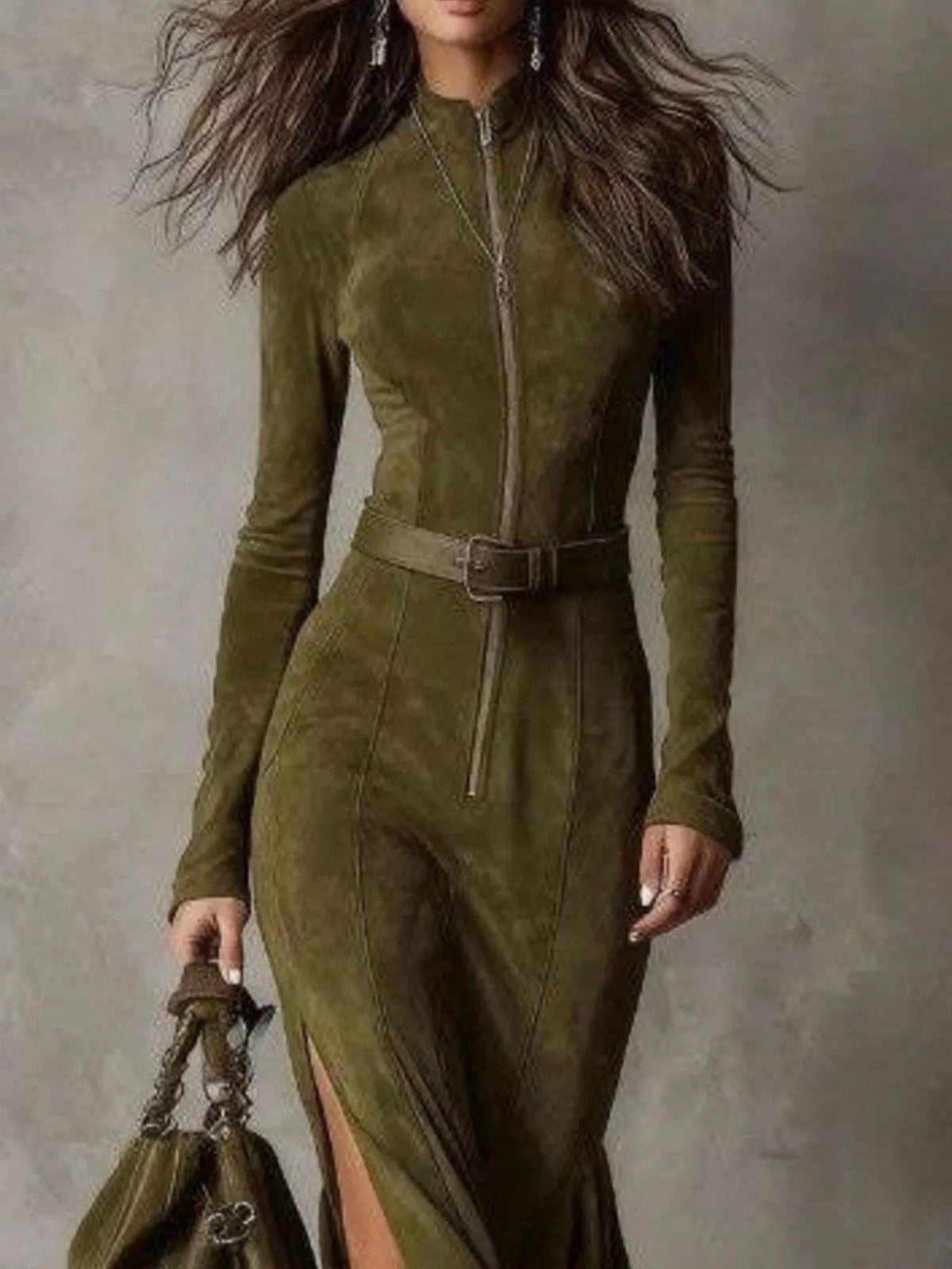 Zip Front Belted Slit Long Sleeve Dress