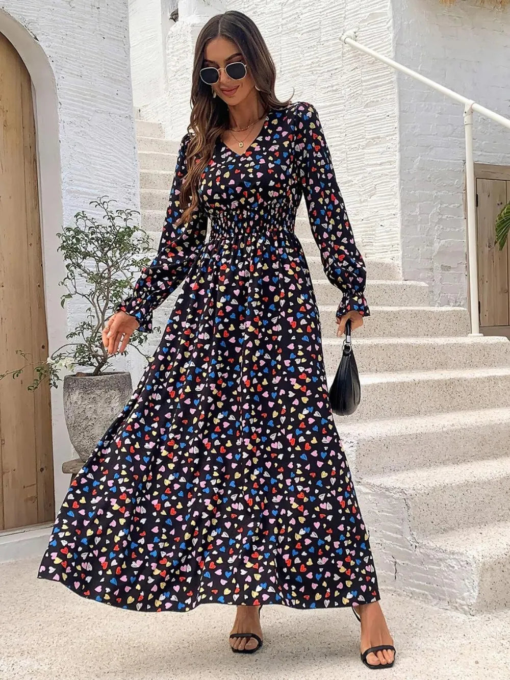 Smocked V-Neck Flounce Sleeve Dress