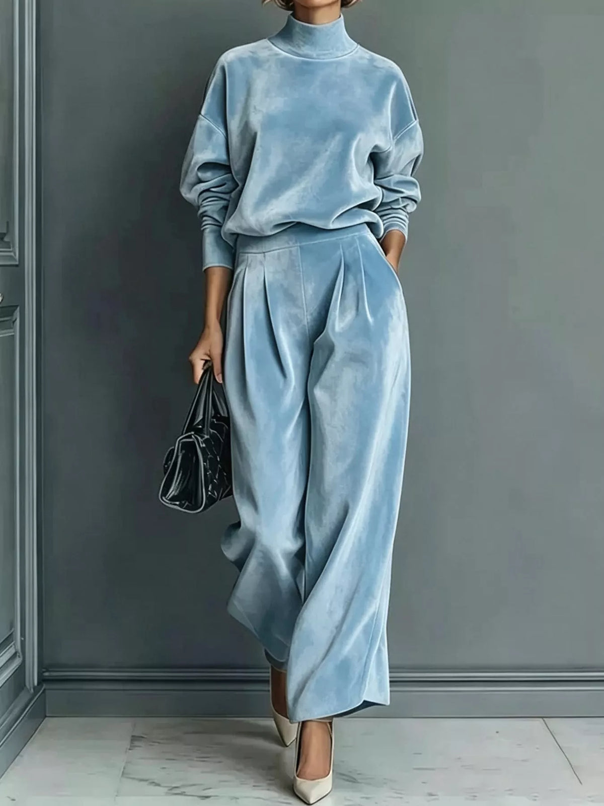 Velvet Mock Neck Top and Wide-Leg Pants Set