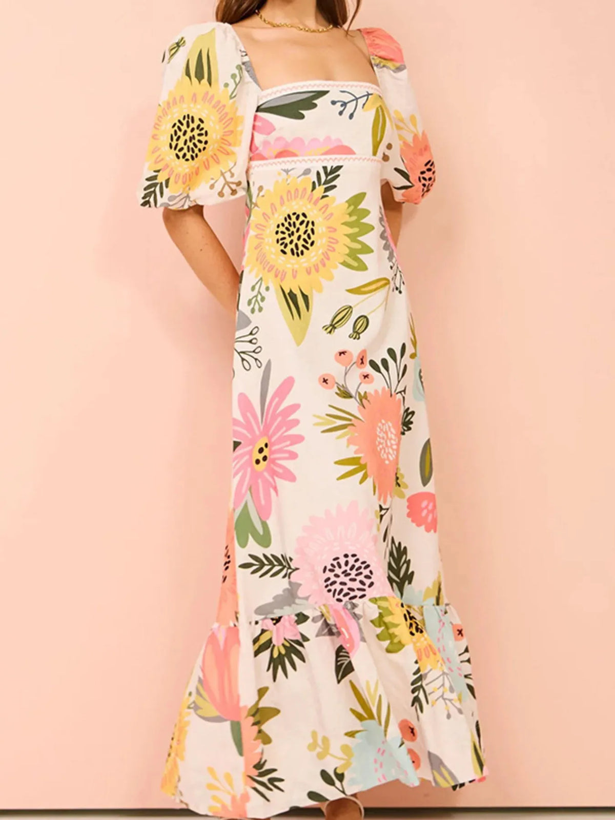 Floral Square-Neck Puff-Sleeve Maxi Dress in Blue