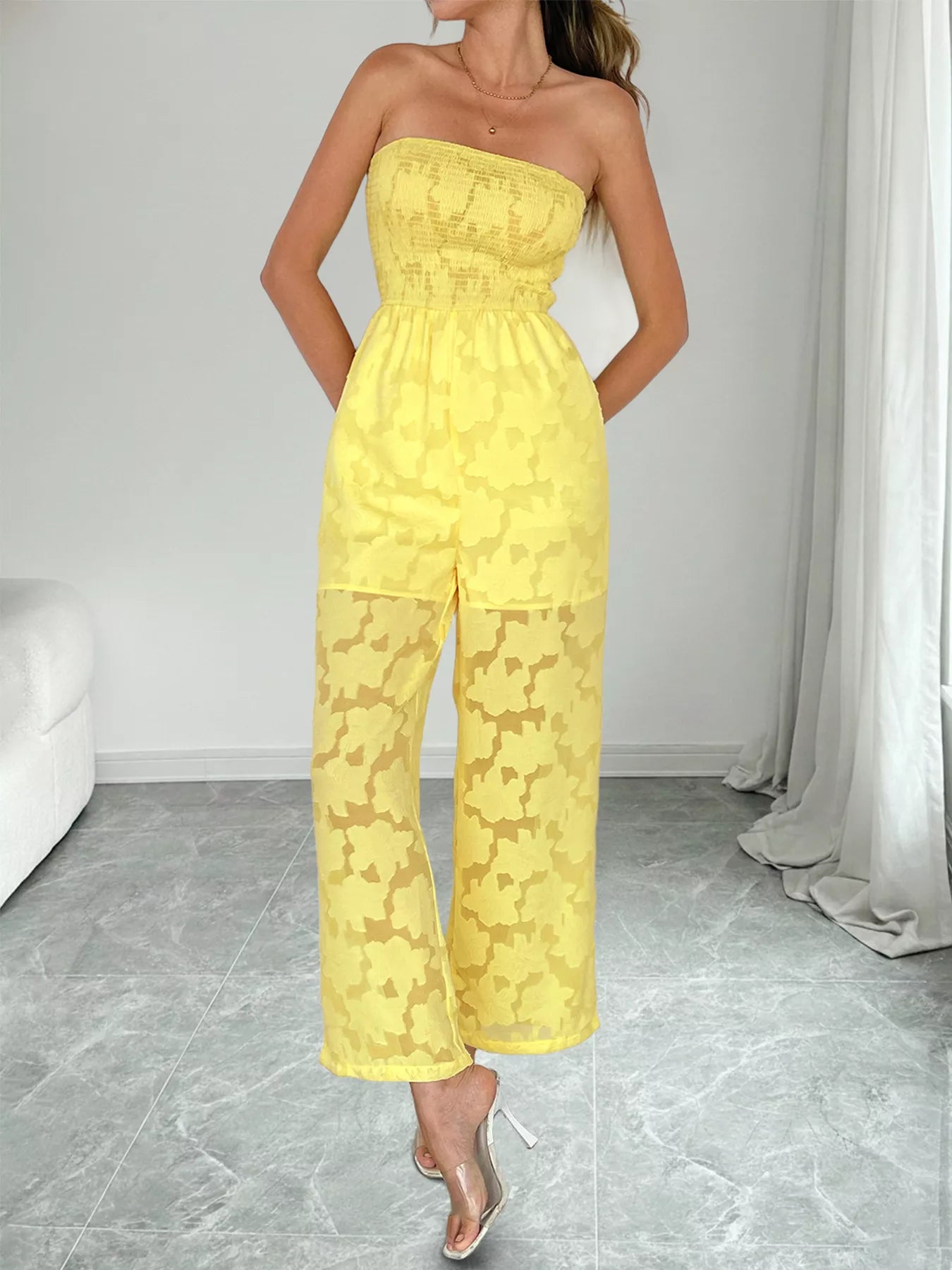 Lace Smocked Tube Jumpsuit in Yellow
