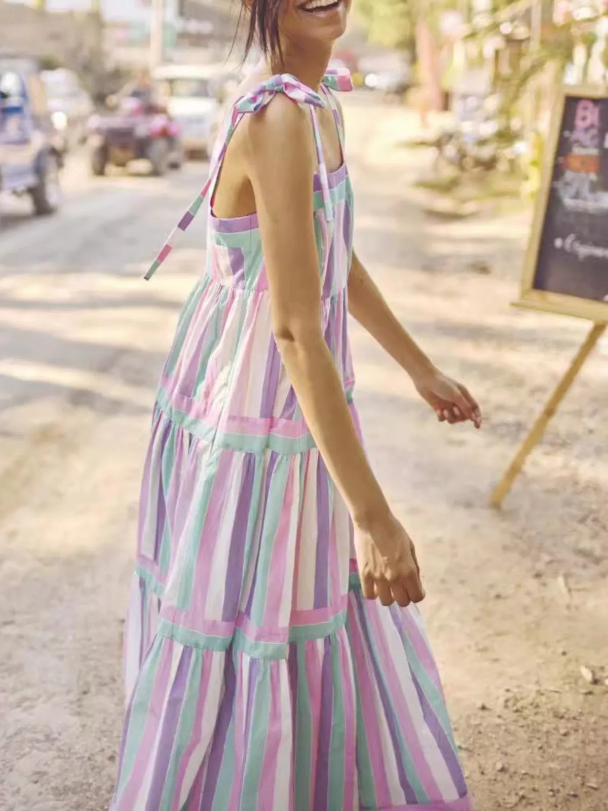 Striped Tiered Maxi Dress with Bow Ties in Pink Purple