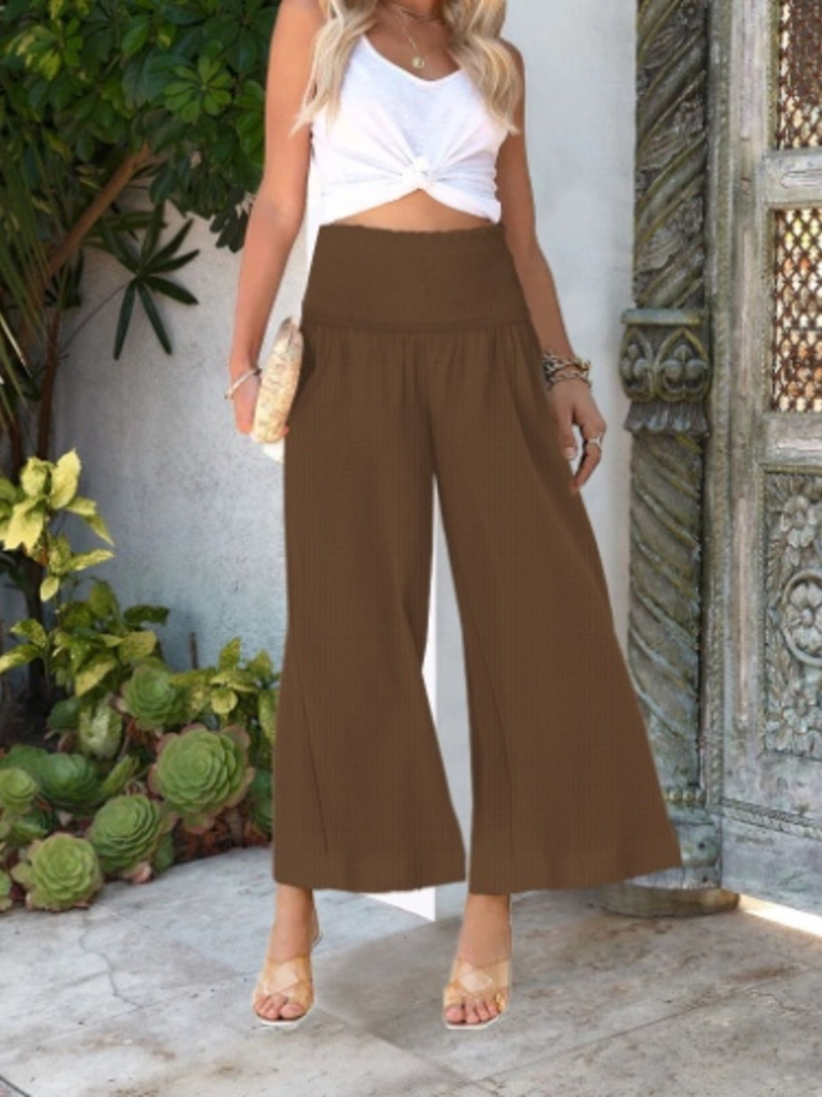Smocked Waist Wide Leg Pants