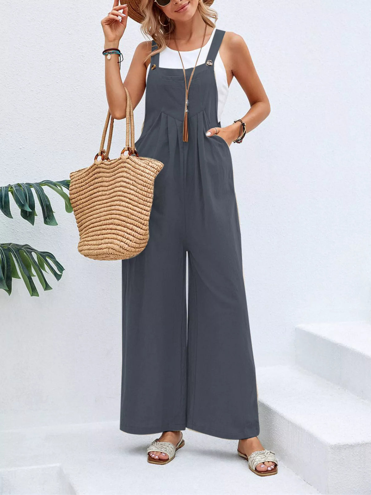 Casual Wide-Leg Overalls with Pockets