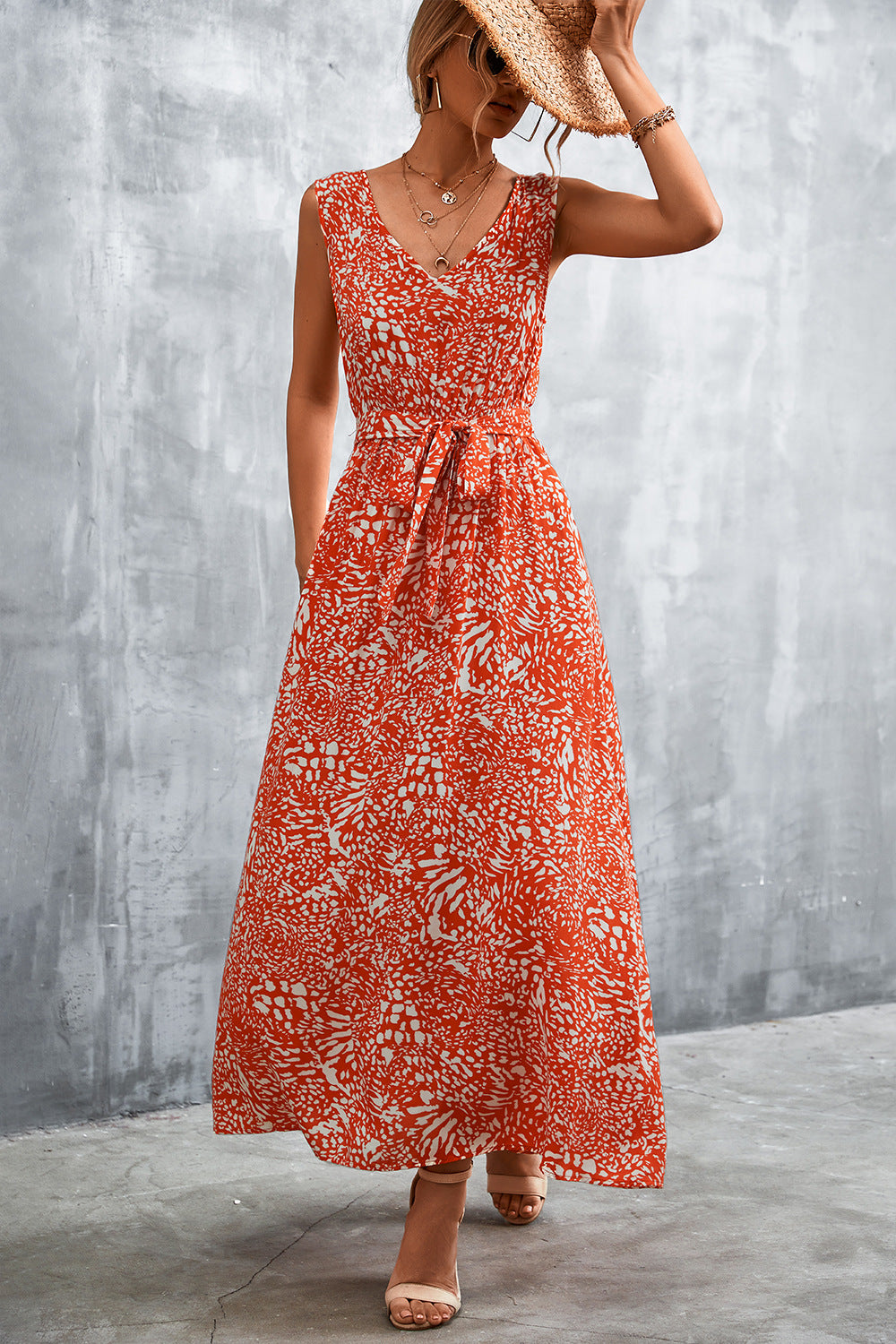 Printed Tie-Waist Maxi Dress with Pockets