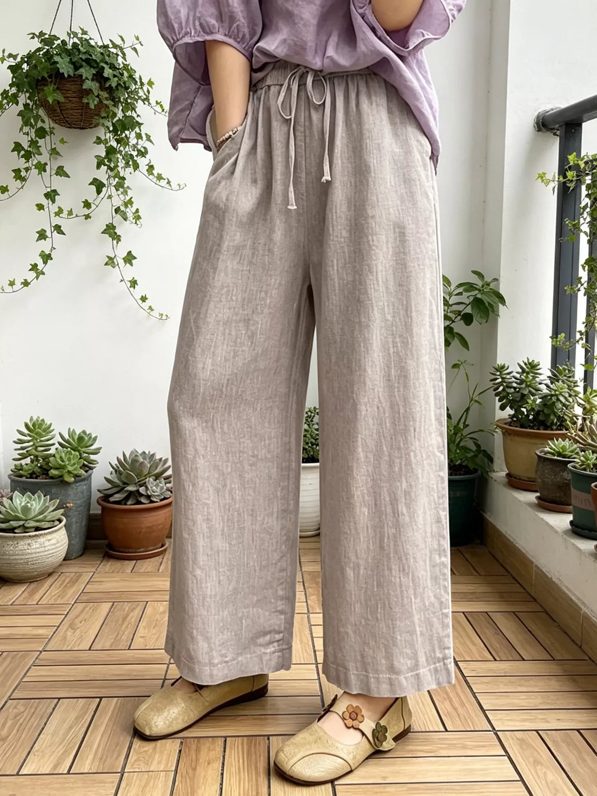 Casual Drawstring Wide Leg Pants