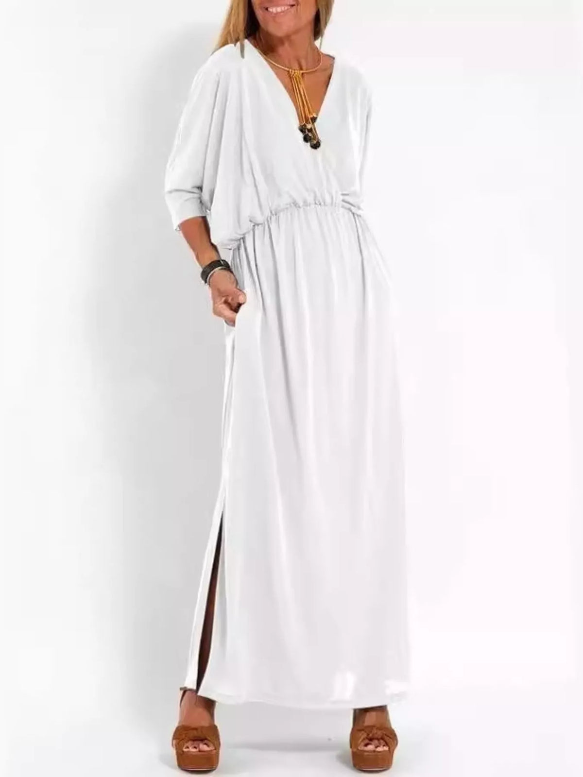 V-Neck Batwing Sleeve Maxi Dress with Pockets
