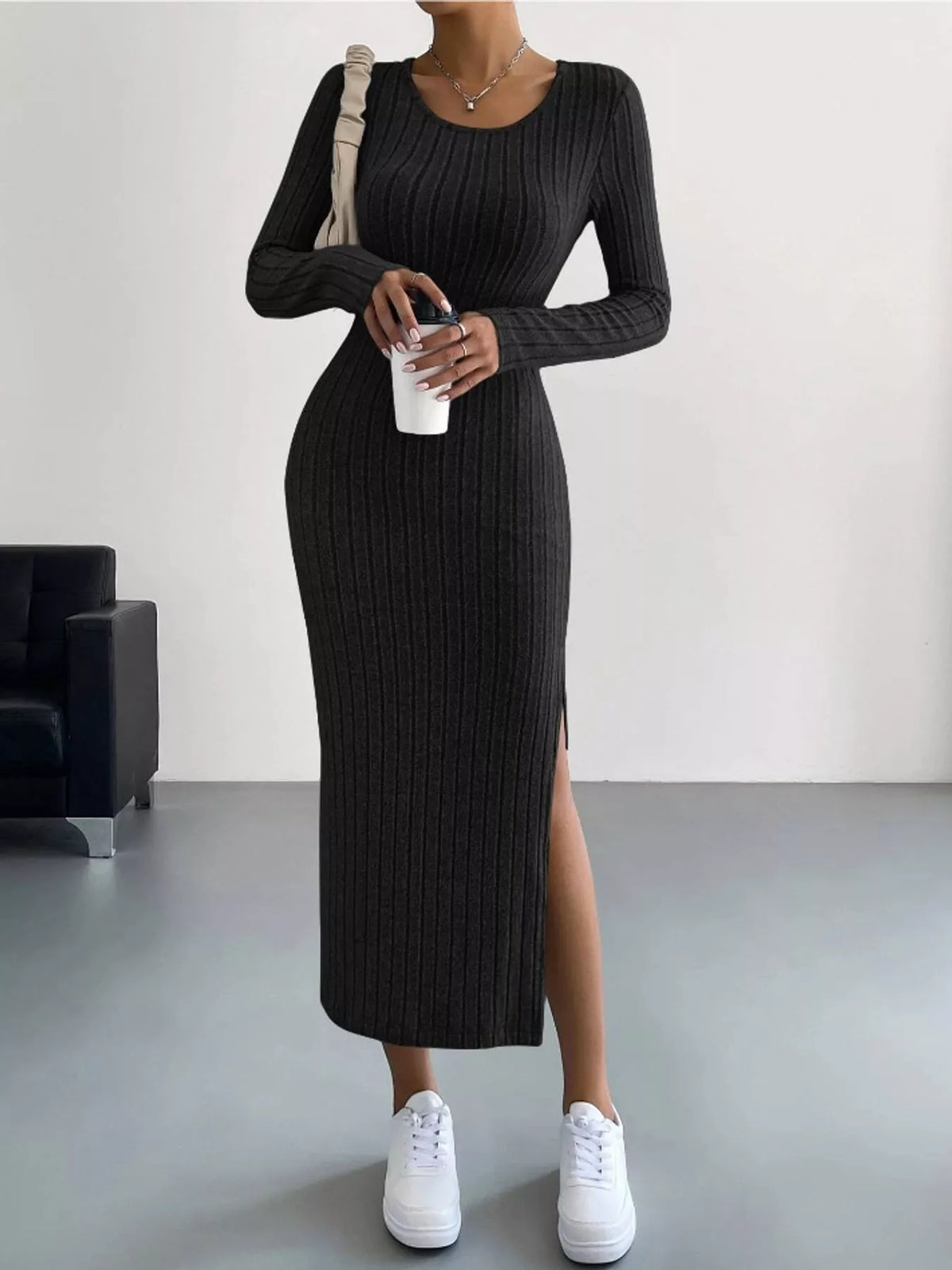Side Slit Ribbed Knit Dress