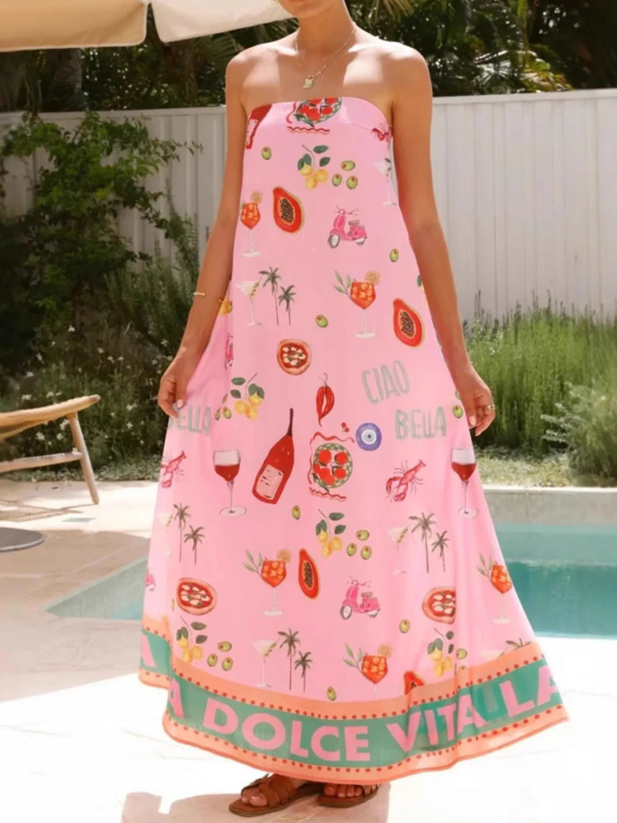 Printed Strapless Maxi Dress in Pink