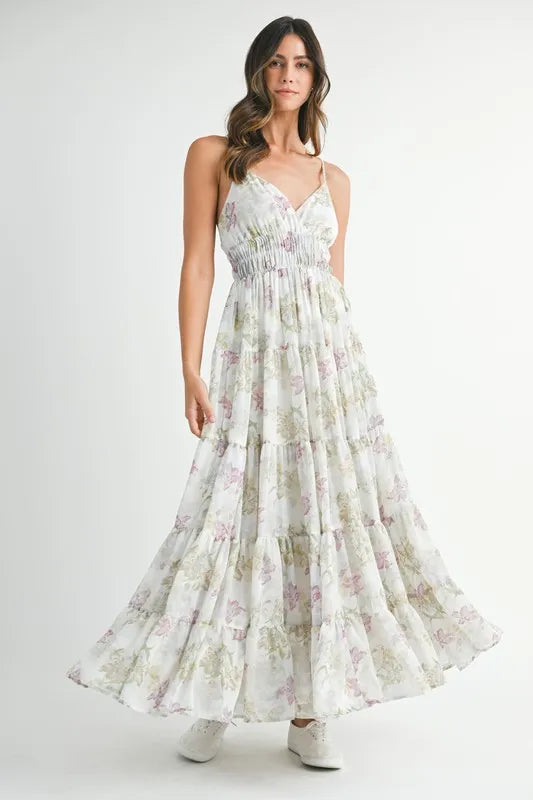Floral Print Tiered Cami Maxi Dress in Green