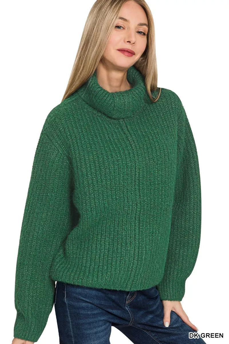 Zenana High Neck Full Zip Cardigan in Dark Green in Dk green