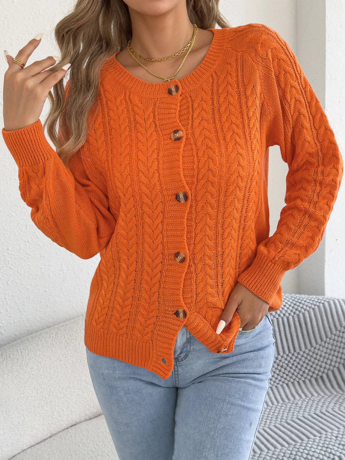 Cable-Knit Button-Front Cardigan by Clise