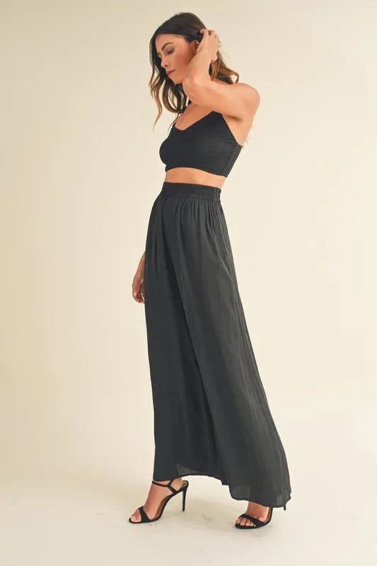 Smocked Bralette Top and Wide Leg Pants Set in Black