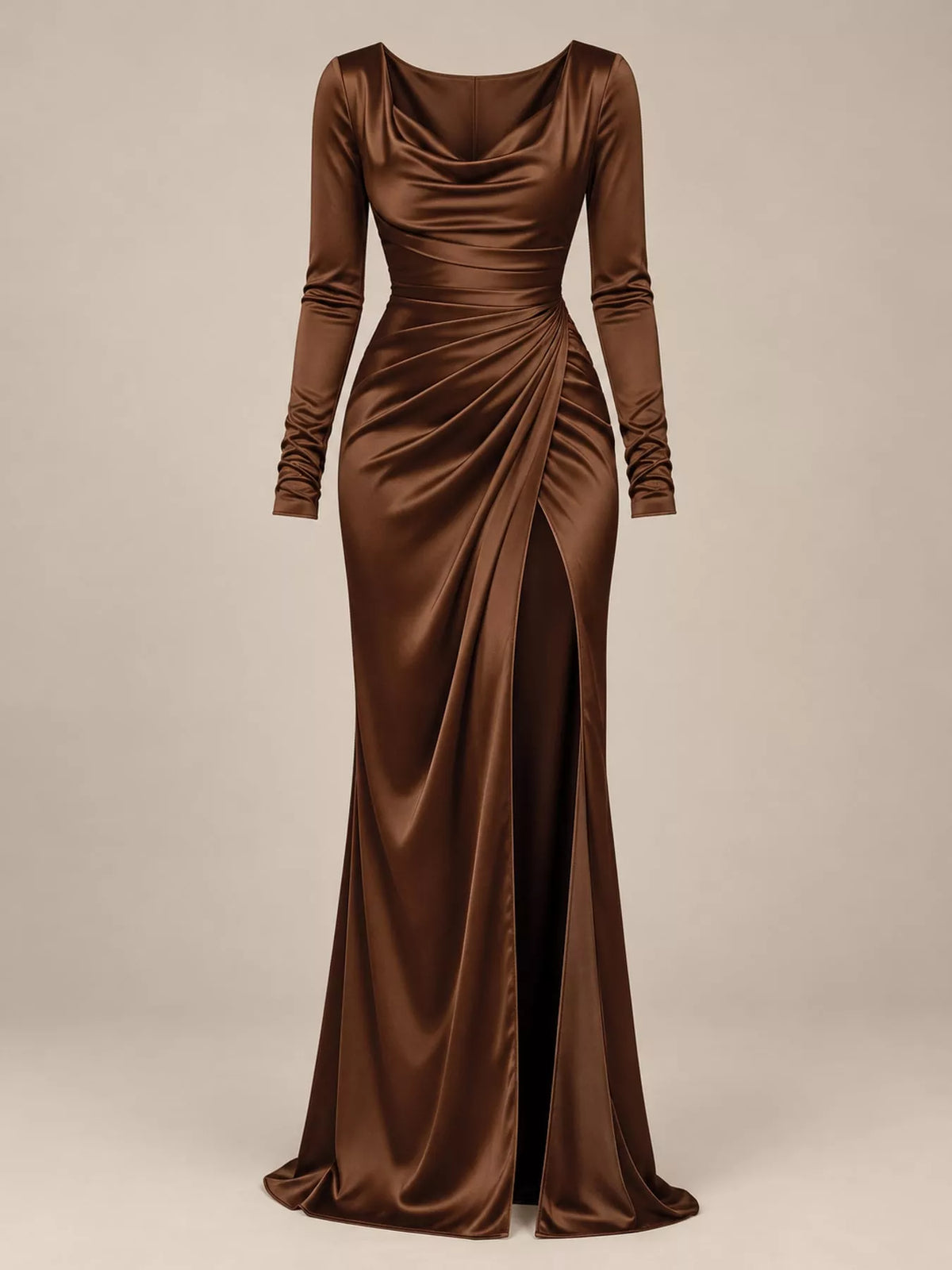 Satin Cowl Neck High Slit Evening Maxi Dress in Black