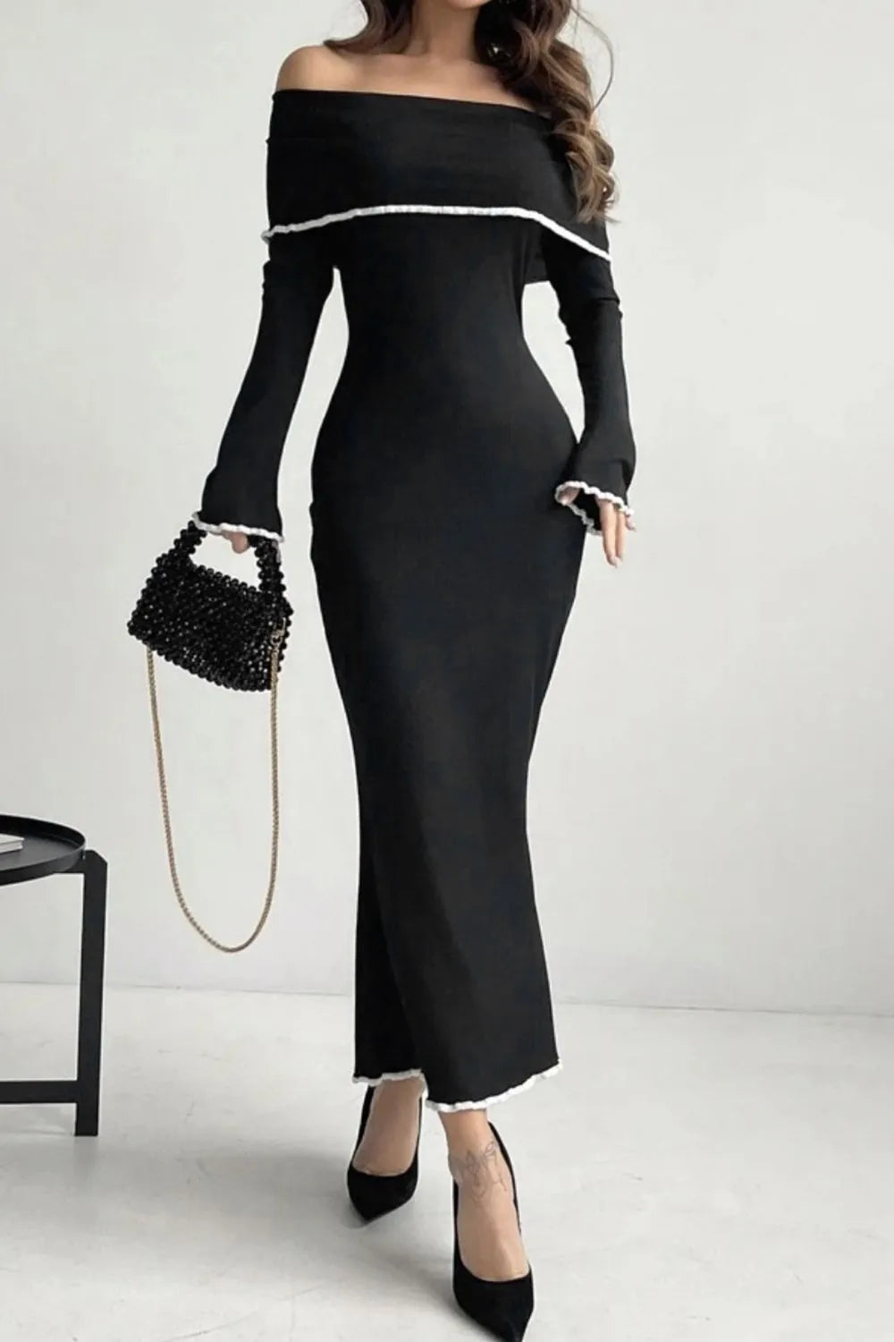 Contrast Trim Off-Shoulder Long Sleeve Maxi Sweater Dress in Black