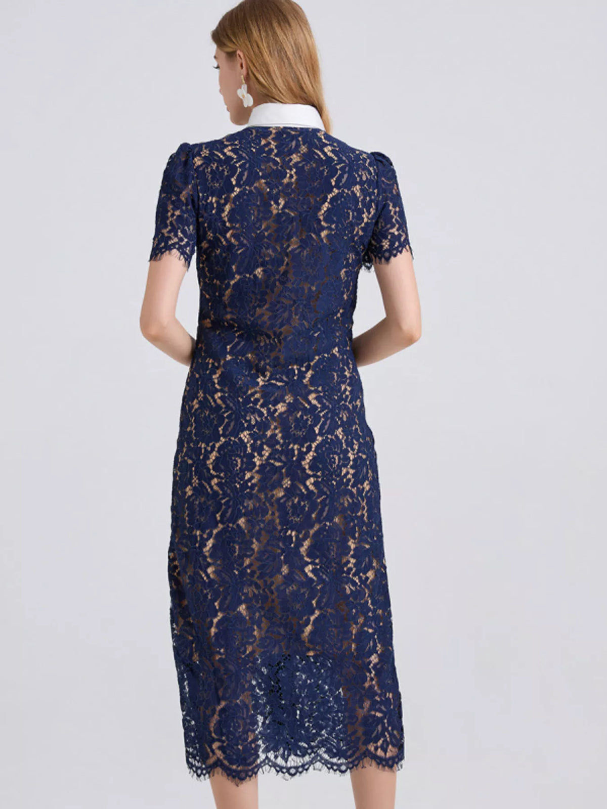 Lace Button-Down Midi Dress in Blue