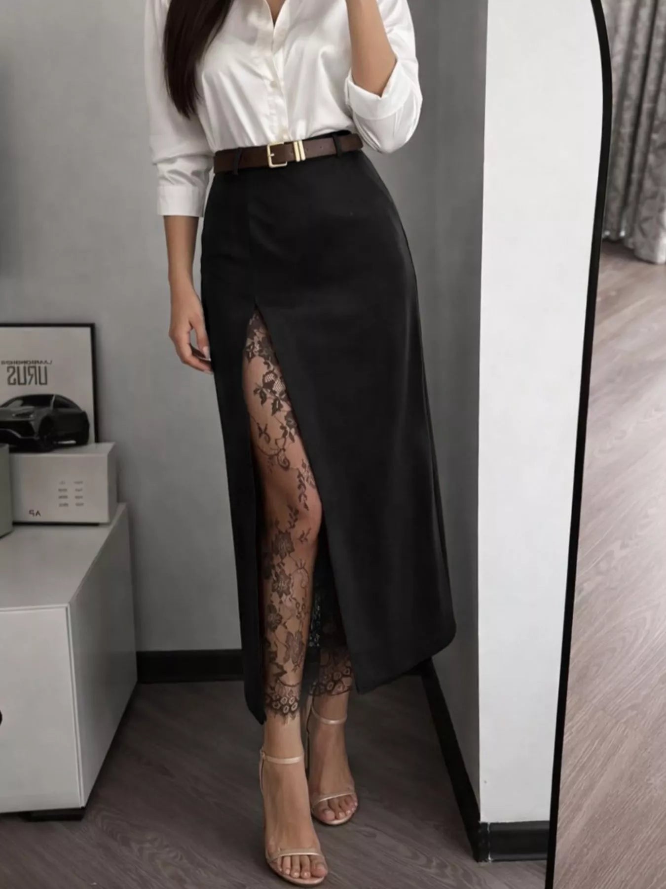 Lace-Trimmed Slit A-Line Skirt