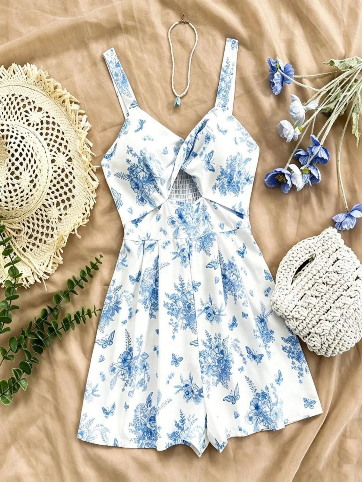 Floral Cutout Romper in Light Blue