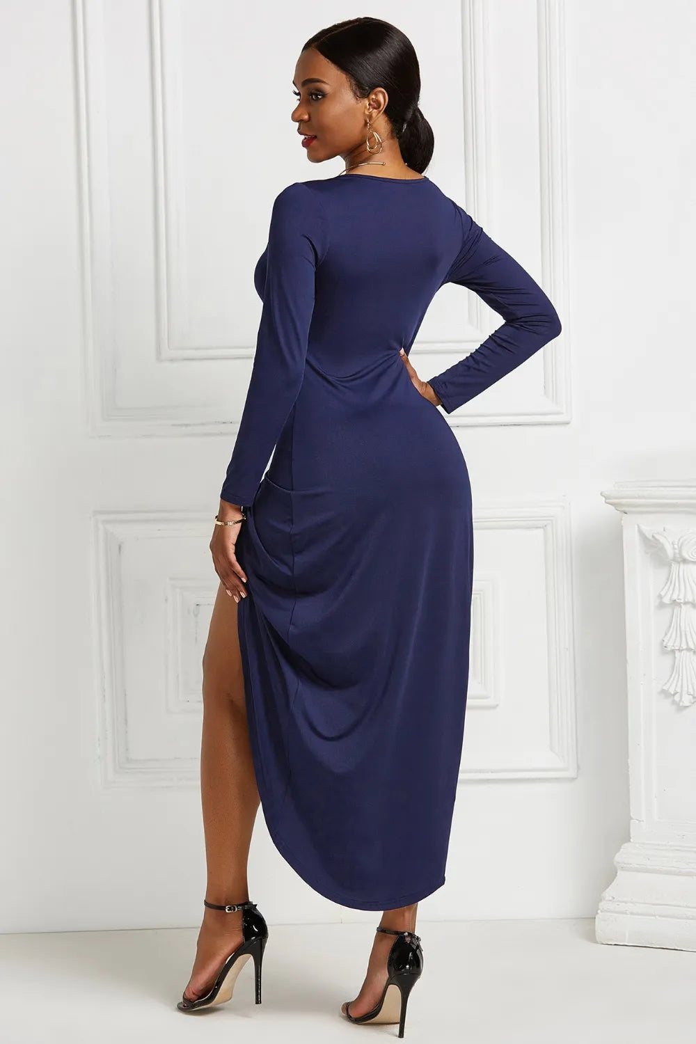 Ruched Surplice Long Sleeve High-Low Dress