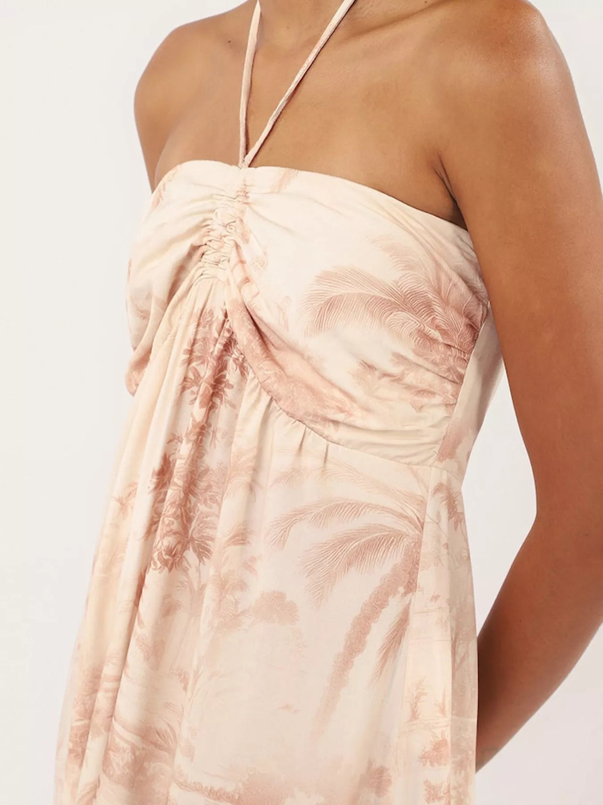 Tropical Print Halter Maxi Dress in Tan