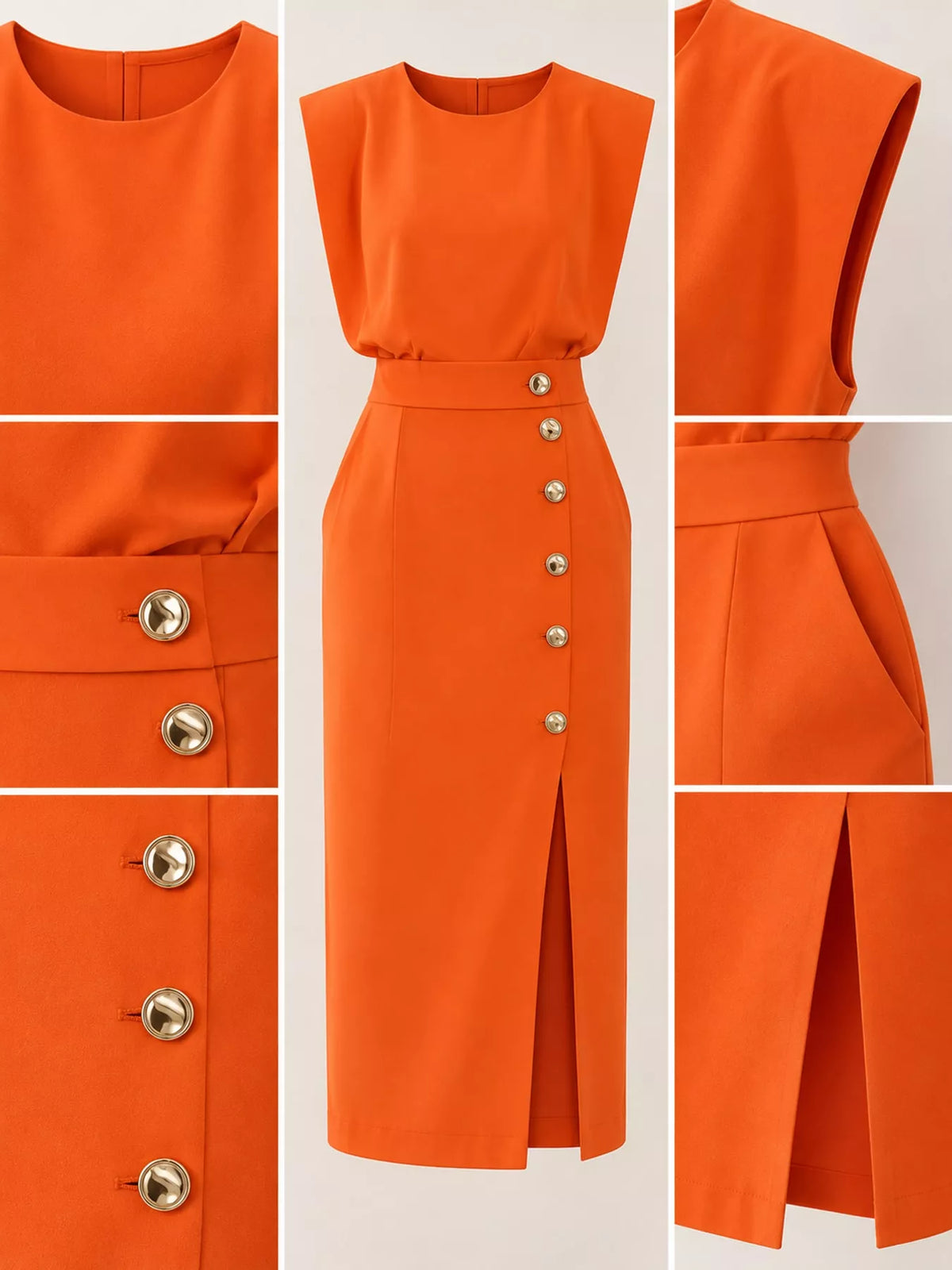 Sleeveless Midi Dress with Gold Button Detail