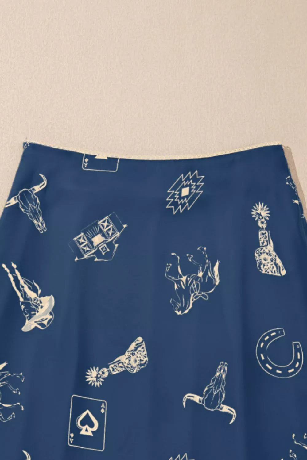 Western Print Satin Maxi Skirt in Navy