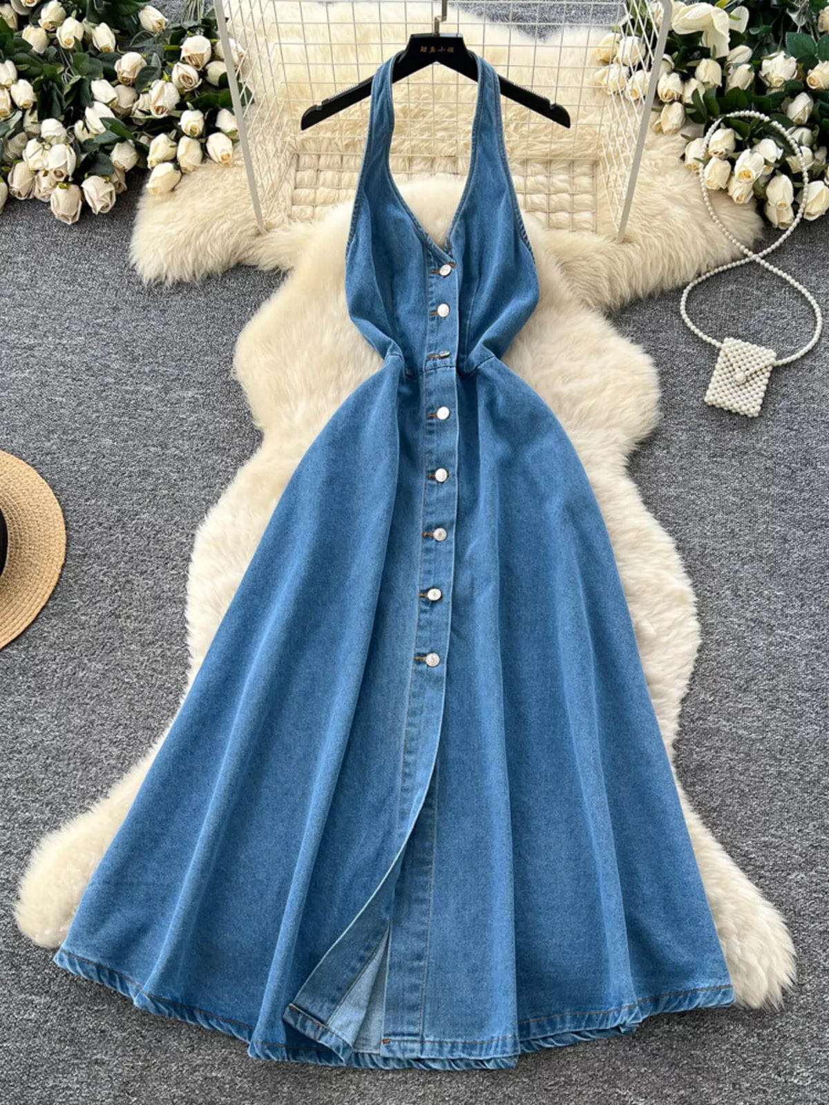 Halter Neck Button-Down Denim Dress in Blue