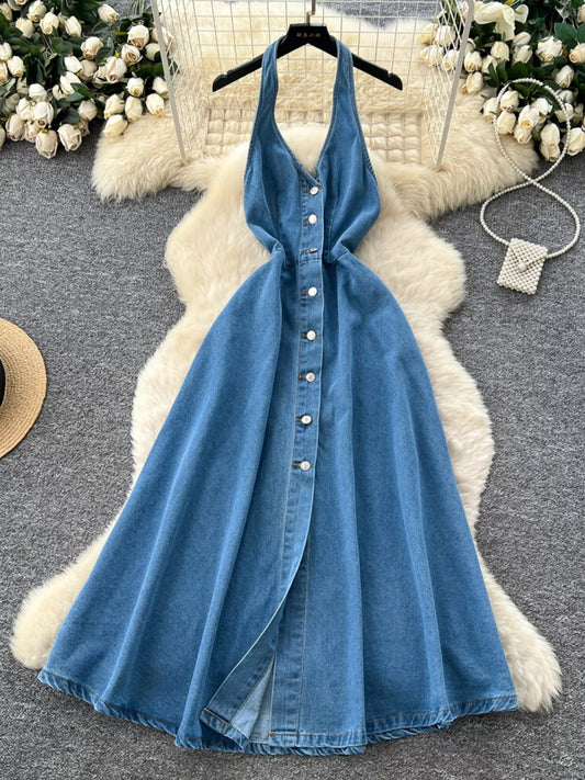 Halter Neck Button-Down Denim Dress in Blue