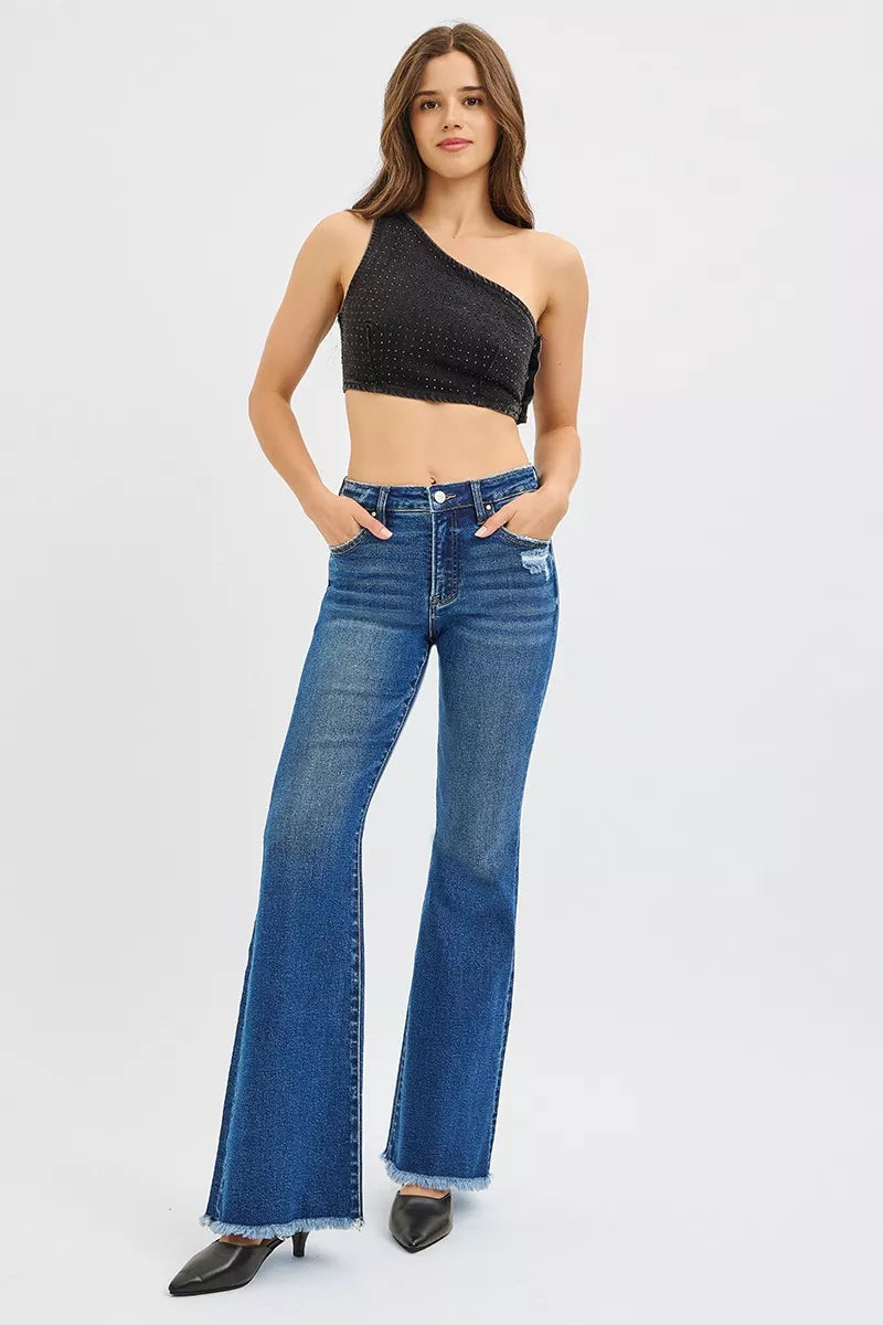 Risen High Rise Flare Jeans in Dark Wash