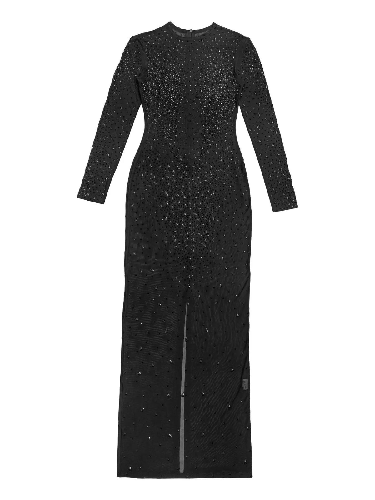 Sheer Mesh Rhinestone Evening Dress in Black