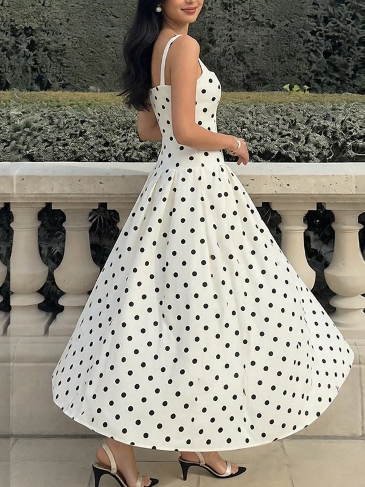 Polka Dot Square Neck Maxi Dress in Cream