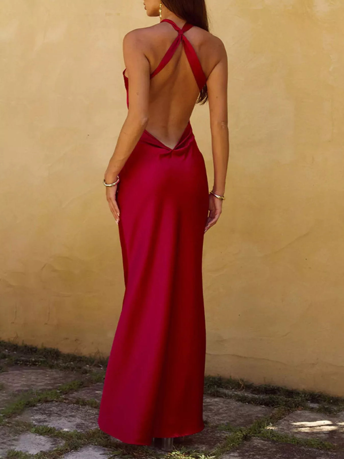 Crisscross Halter Neck Satin Maxi Dress by D&J Apparel