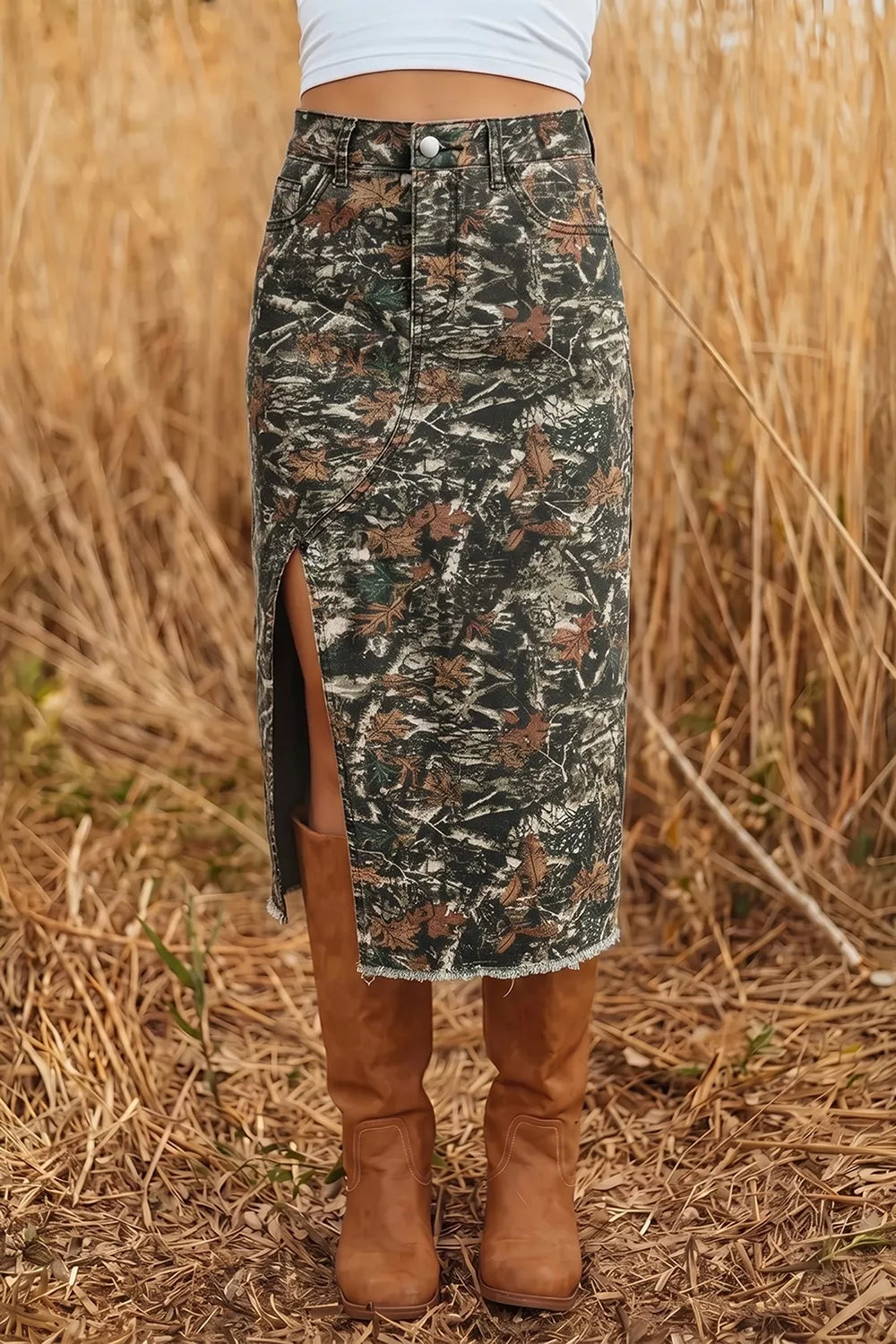 Printed Denim Midi Skirt in Dark Green