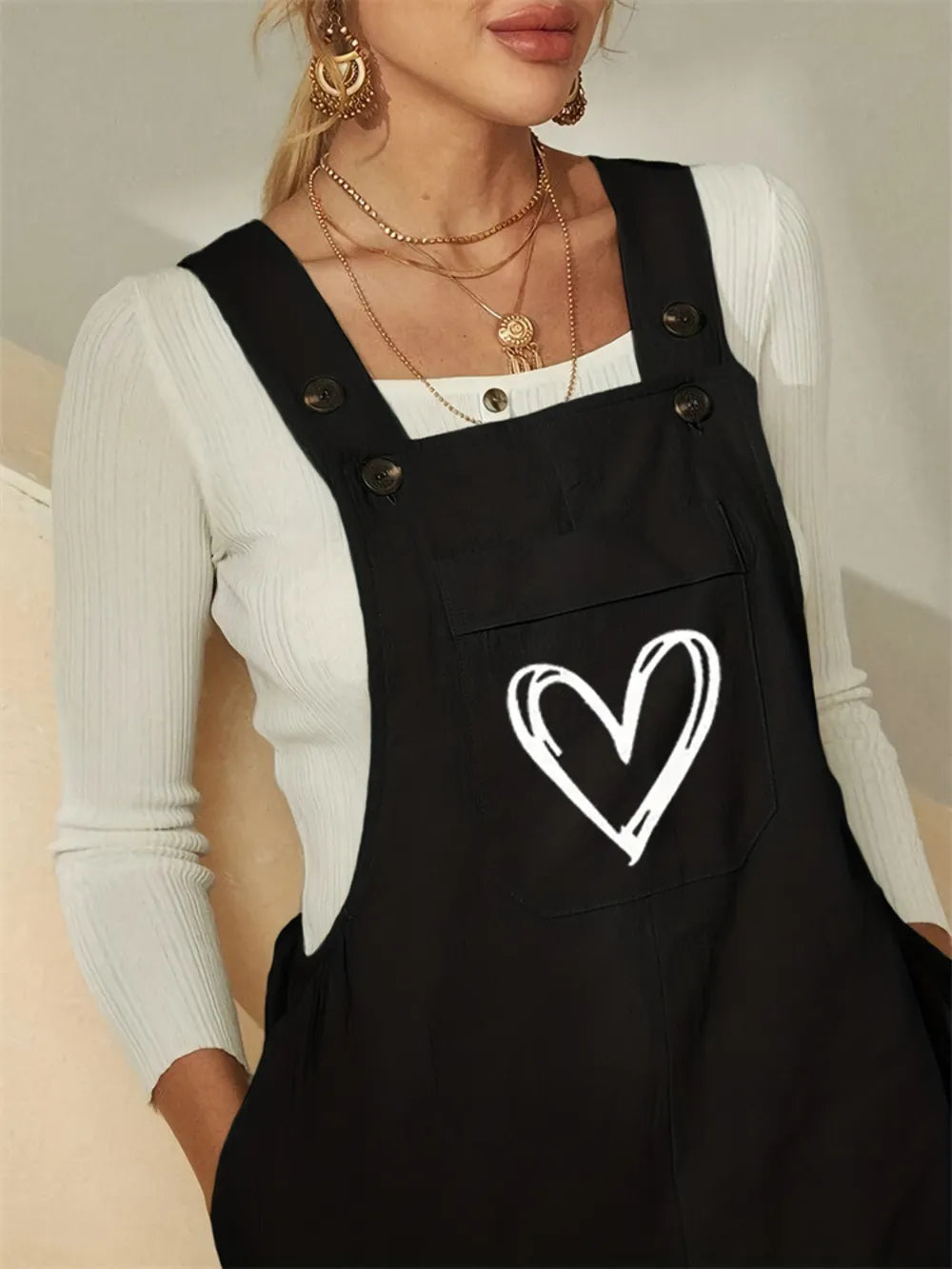 Heart Square Neck Wide Strap Overalls in Black